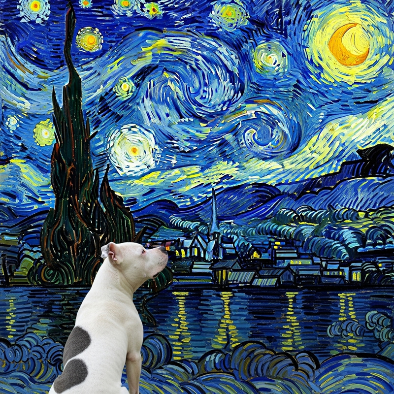 Van Gogh's Starry Night and a Spotted White Pitbull Dog