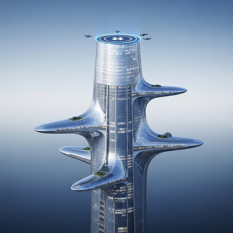Futuristic Skyscraper Design 2050s | Unique Glass Top & Flight Landing