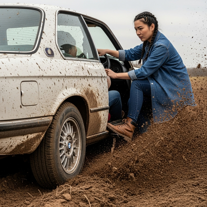 Woman Driving Vintage BMW in Brown Boots Through Deep Mud Woman Driving Vintage BMW in Brown Boots Through Deep Mud
