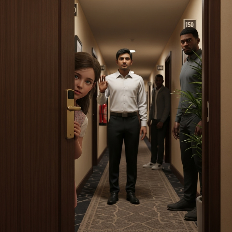 Detailed Hotel Scene: Caucasian Girl, South Asian Man, and Black Man