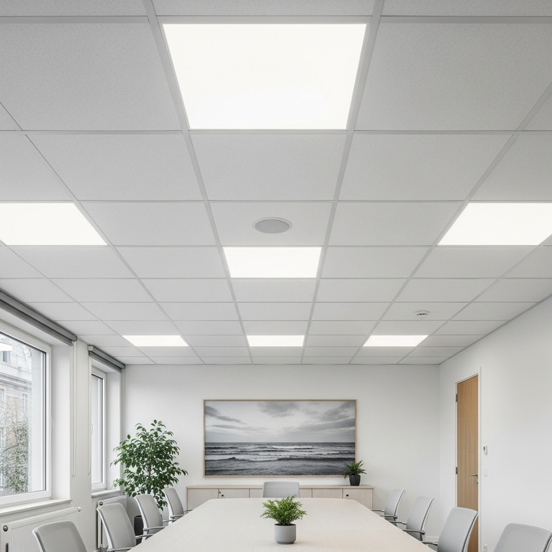 Office Meeting Room Ceiling with Matte White Tiles and Lamps - Modern Design