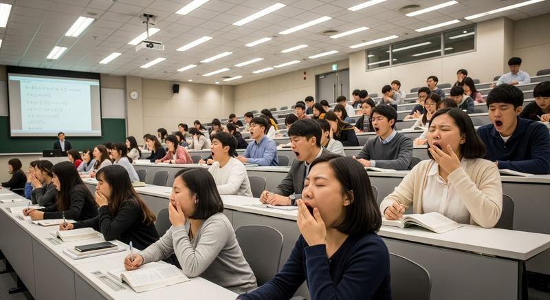 Captivating Image of Exhausted East Asian Students Yawning in Lecture Hall Captivating Image of Exhausted East Asian Students Yawning in Lecture Hall