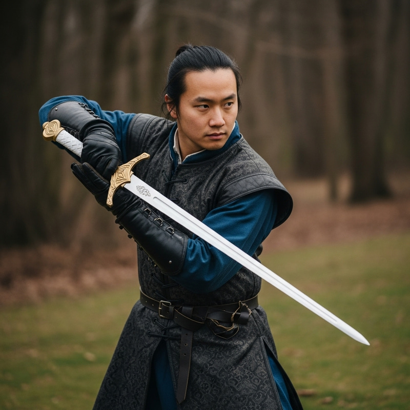 Asian Swordsman | White Sword | Medieval European Attire Asian Swordsman | White Sword | Medieval European Attire