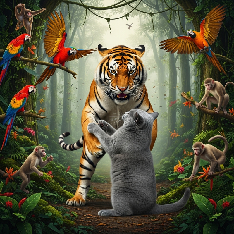 Life-and-Death Struggle: Grey British Cat vs Massive Tiger Life-and-Death Struggle: Grey British Cat vs Massive Tiger