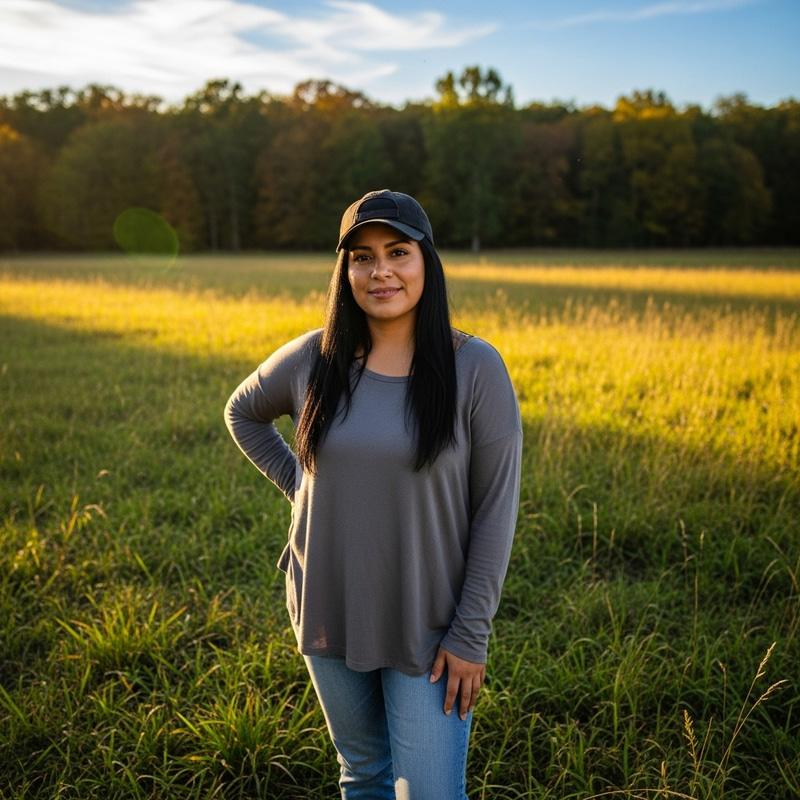 Brunette Woman in Black Baseball Cap with Long Gray Shirt in Field