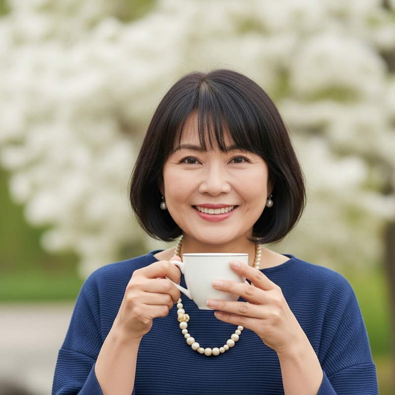 Confident Middle-Aged Asian Woman with Bob Haircut and Bangs Confident Middle-Aged Asian Woman with Bob Haircut and Bangs