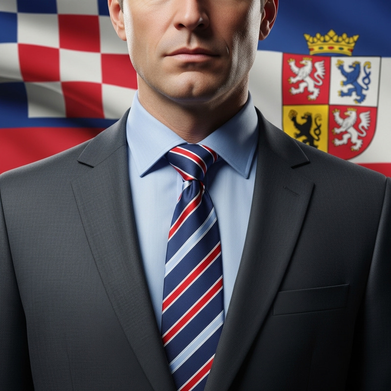 Dignified Professional Man in Charcoal Grey Suit with Striped Tie and National Flag