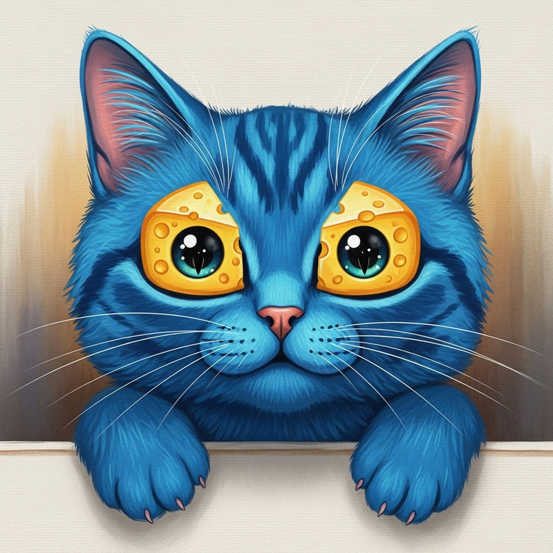 Whimsical Blue Cat with Cheese-shaped Eyes Whimsical Blue Cat with Cheese-shaped Eyes