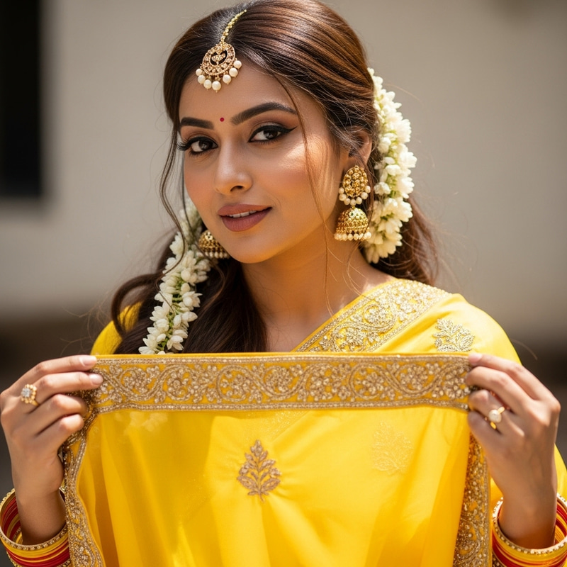 Elegant Indian Woman in Yellow Saree