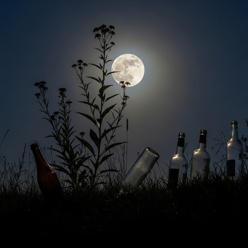 Moonlit Night View with Silhouetted Weeds and Glass Bottles Moonlit Night View with Silhouetted Weeds and Glass Bottles