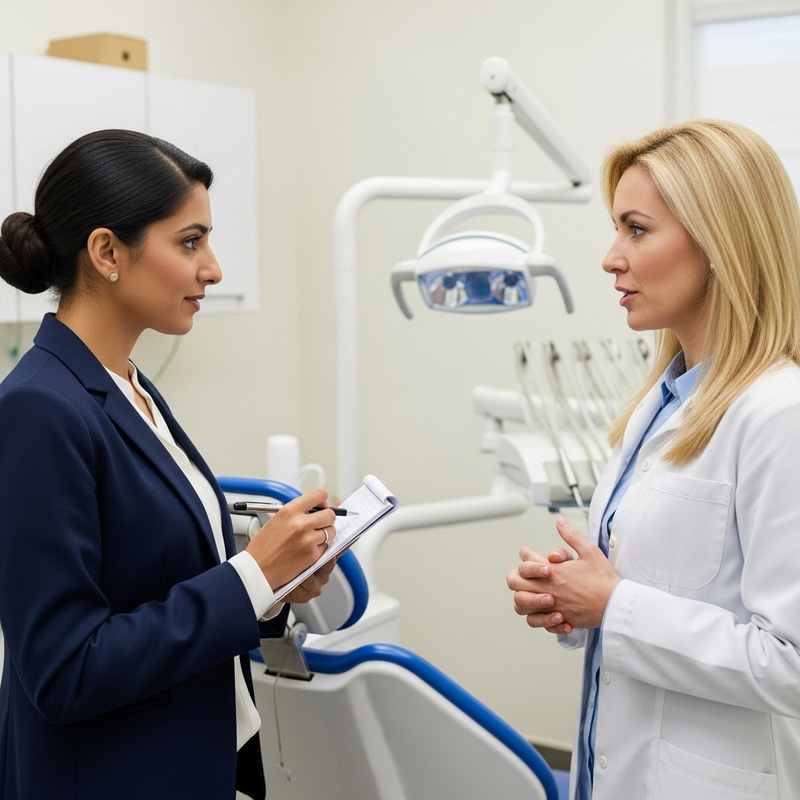 Blond Female Interviewer with Dentist in Dental Office