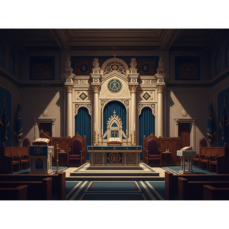 Majestic Masonic Lodge Interior with Symbolic Altar and Dramatic Lighting Majestic Masonic Lodge Interior with Symbolic Altar and Dramatic Lighting