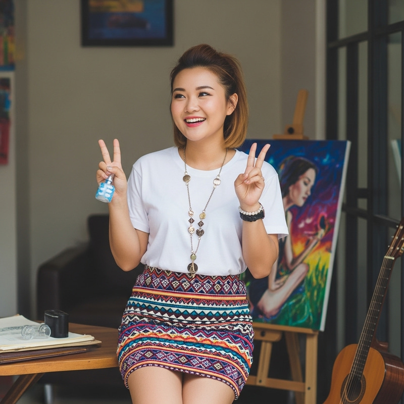 Adorable Asian Girl: Joyful Style in Vibrant Ultra Mini Skirt