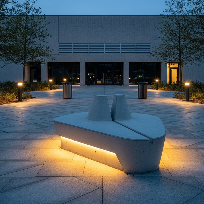 Exterior Concrete Bench With Warm Glow | Gray Semiround Design