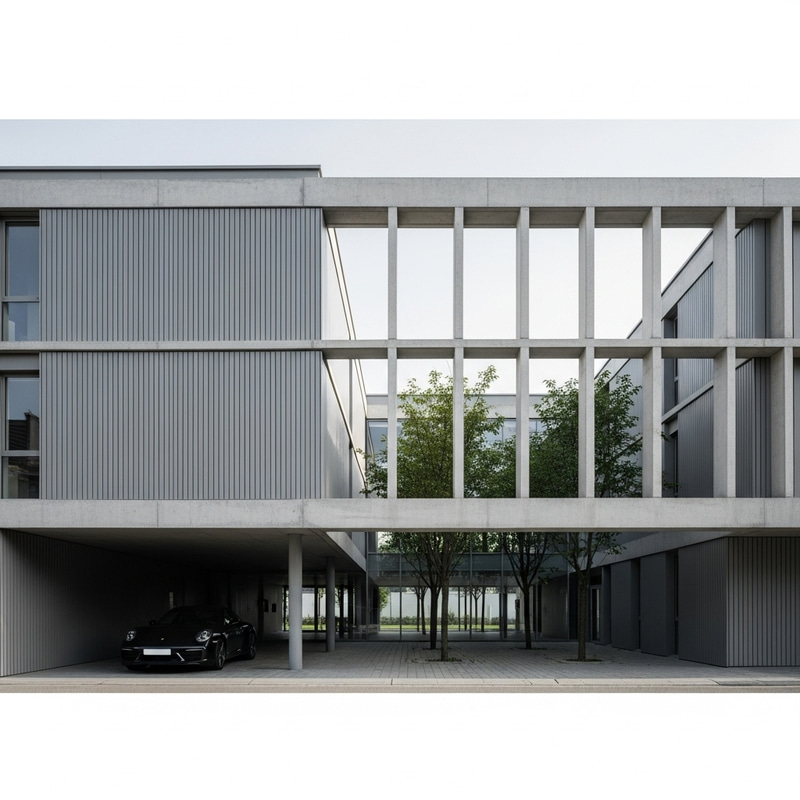 Minimalist School with Vertical Gray Cladding and Horizontal Concrete Facade Minimalist School with Vertical Gray Cladding and Horizontal Concrete Facade