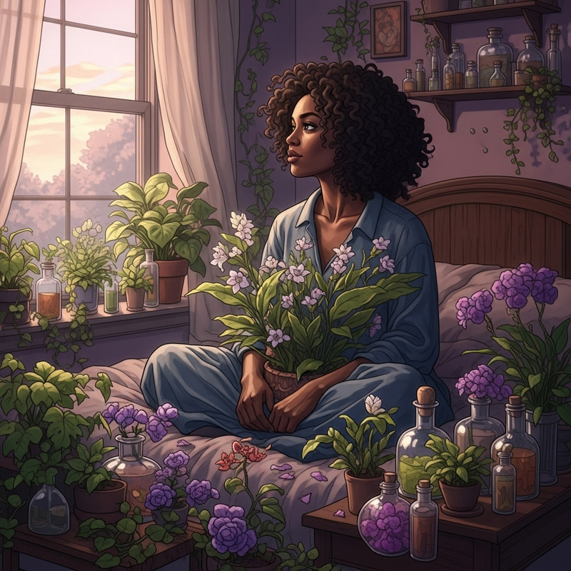 Mystical African American Woman Surrounded by Plants and Potions