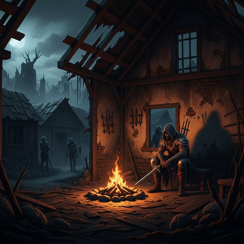 Hooded Warrior in Abandoned House by Fire | Dark Scene with Vampires Hooded Warrior in Abandoned House by Fire | Dark Scene with Vampires