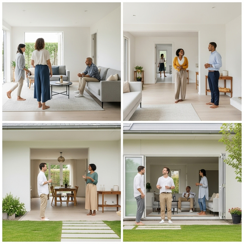 Modern Open House ft. Diverse Visitors Engaging in Property Talks Modern Open House ft. Diverse Visitors Engaging in Property Talks