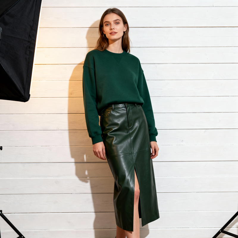 Stylish Woman in Dark Green Sweatshirt | Scandinavian Charm Stylish Woman in Dark Green Sweatshirt | Scandinavian Charm