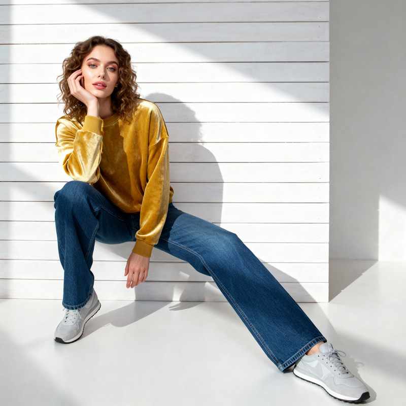 Stylish Woman in Golden Hoodie | Scandinavian Charm Stylish Woman in Golden Hoodie | Scandinavian Charm