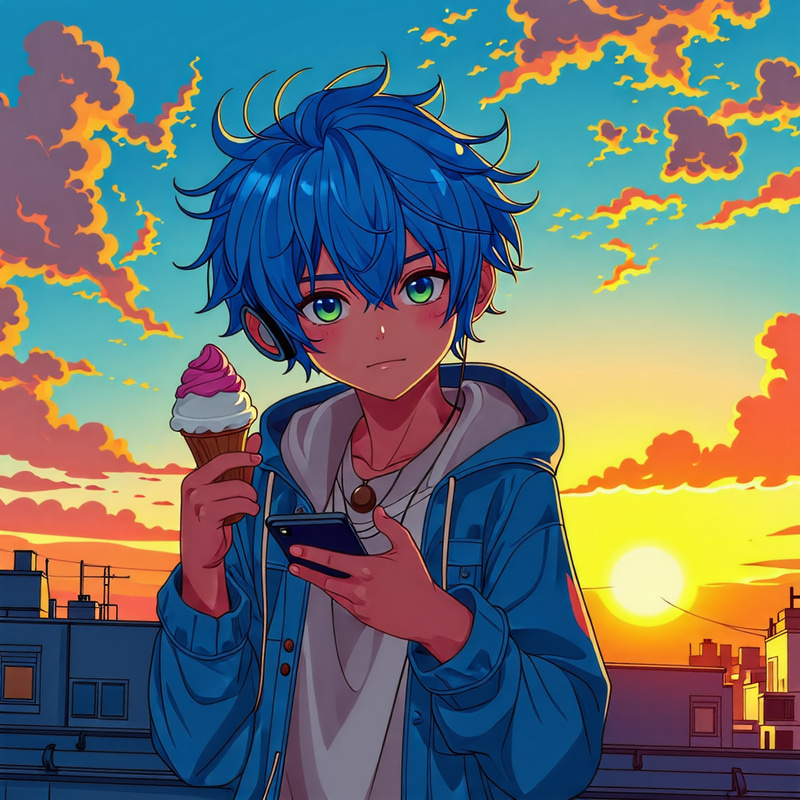 Fantasy Anime Boy Enjoying Sunset with Ice Cream and Phone Fantasy Anime Boy Enjoying Sunset with Ice Cream and Phone