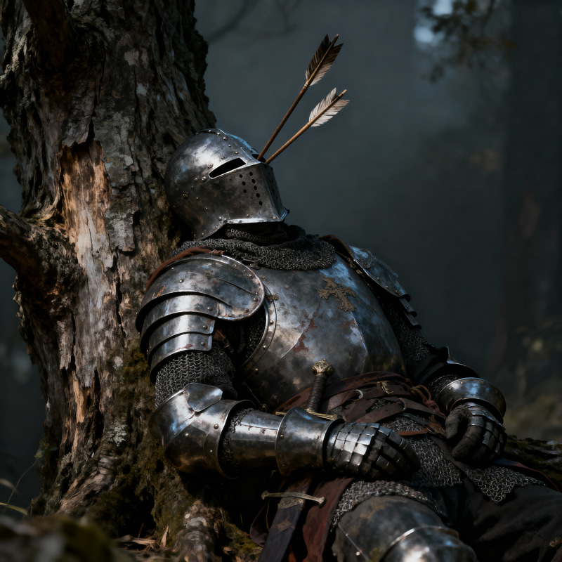 Knight Dead in a Tree with Arrow Pierced Helmet