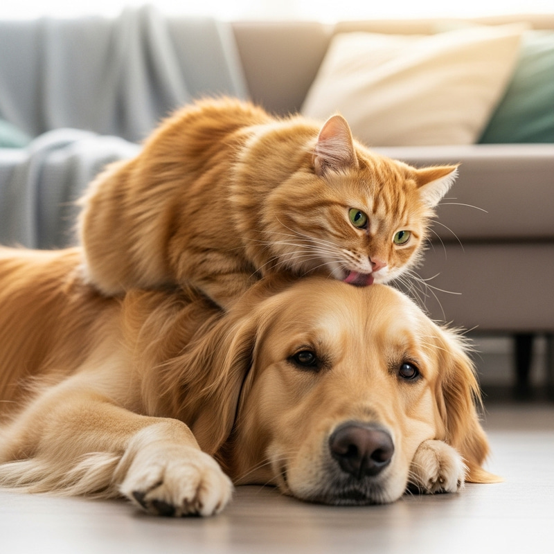Cute Cat Grooming a Dog Cute Cat Grooming a Dog