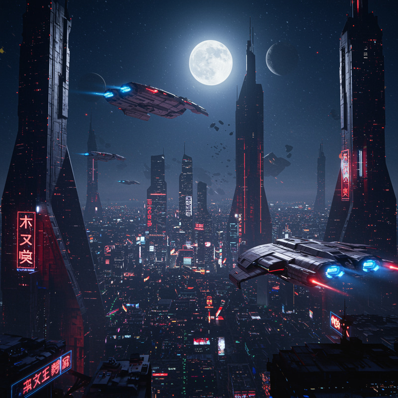 Futuristic City with Spaceships and Moonlit Sky