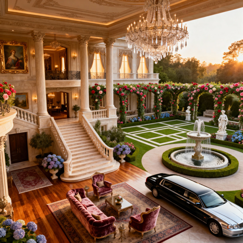 Luxurious Mansion with Opulent Grounds and Decor