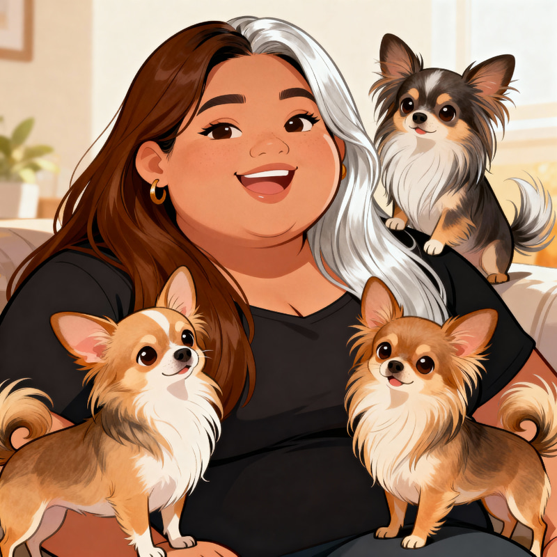 Charming Cartoon Woman with Long-Haired Chihuahuas