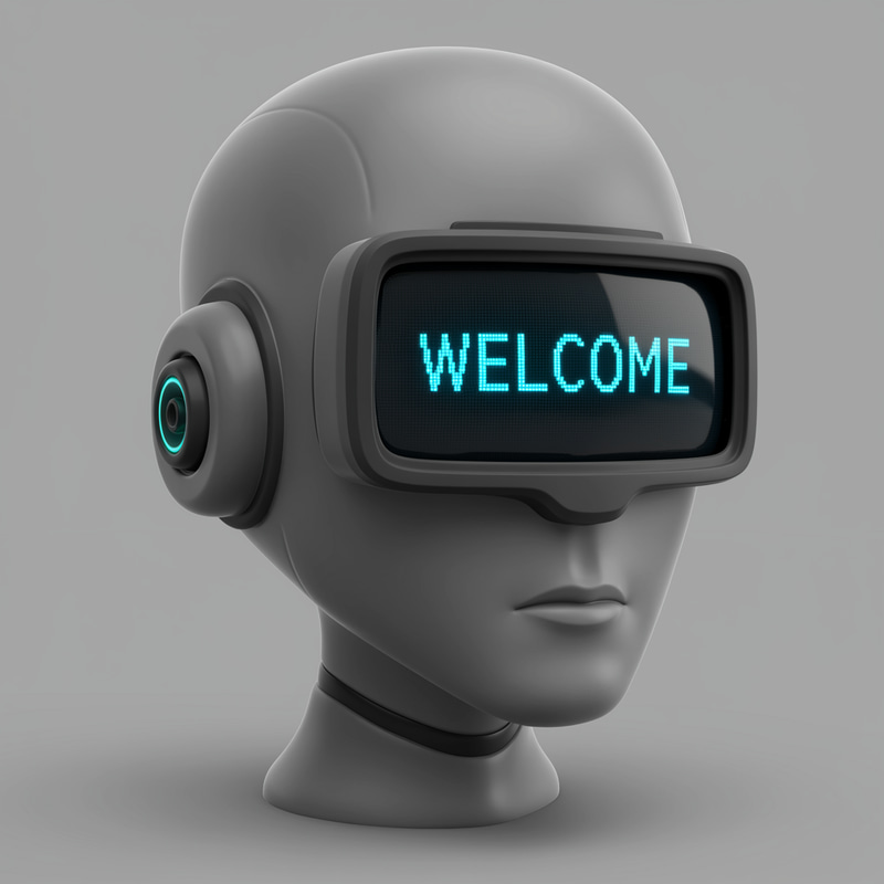 Grey Robot Head Mascot with Welcome Message Grey Robot Head Mascot with Welcome Message