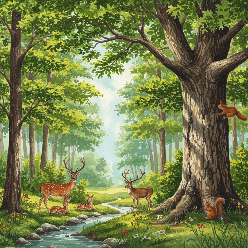 Realistic Watercolor Forest with Trees & Animals Realistic Watercolor Forest with Trees & Animals