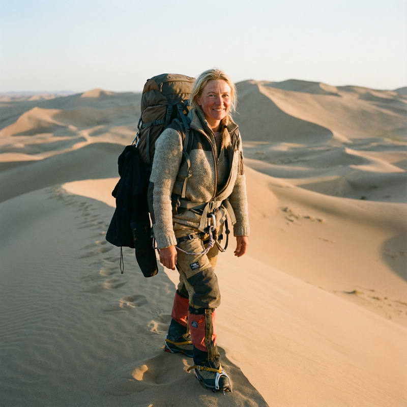Blonde Russian Girl in Mountain Suit in Desert Blonde Russian Girl in Mountain Suit in Desert