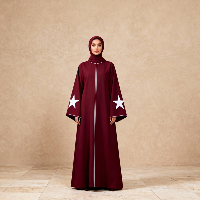 Elegant Maroon Abaya with White Embroidery Design