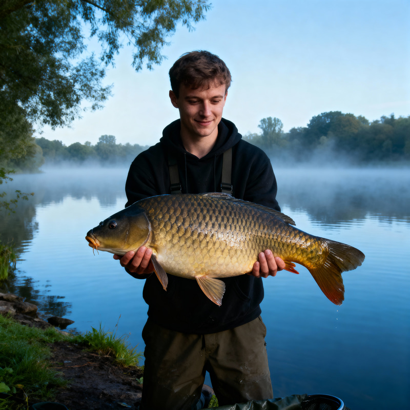 Catch a 30lb Carp: Fishing Adventure in Foggy Lake Catch a 30lb Carp: Fishing Adventure in Foggy Lake