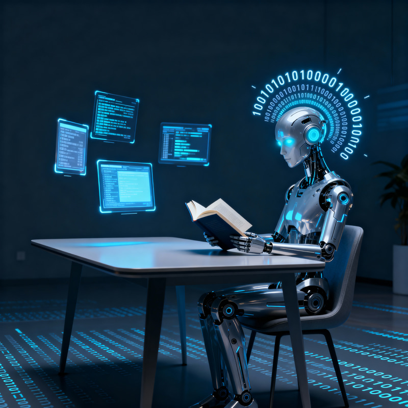 Futuristic AI Sitting at Desk with Book