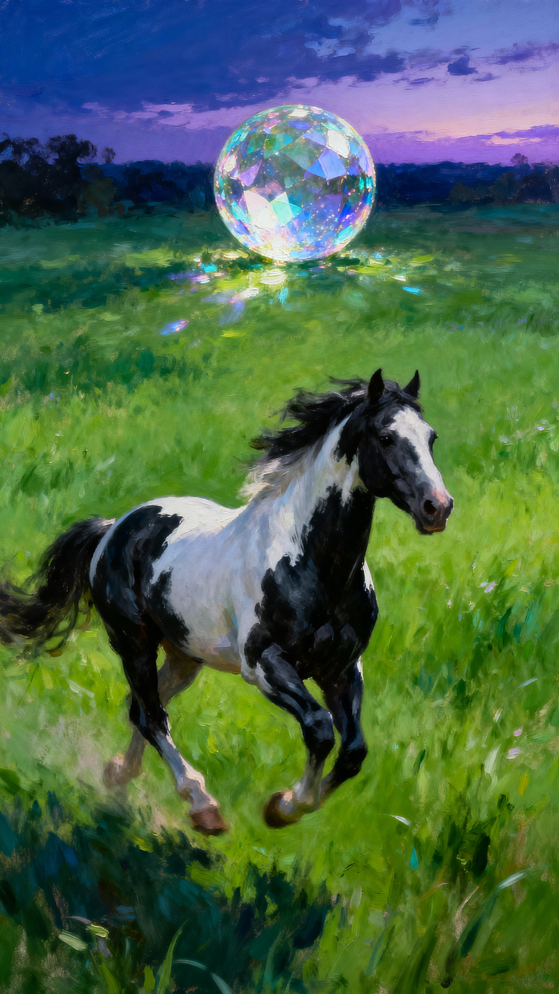 Galloping Paint Horse in Twilight Meadow | Enchanting Art