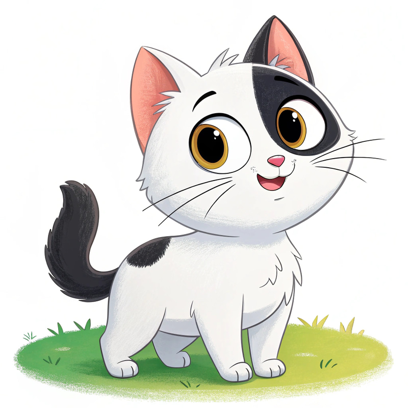 Create a Cartoon Character: White Cat with Black Marks Create a Cartoon Character: White Cat with Black Marks