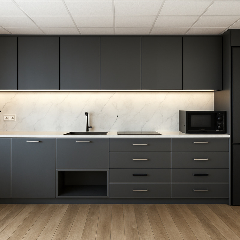 Stylish Office Kitchen with Dark Grey Cupboards Stylish Office Kitchen with Dark Grey Cupboards