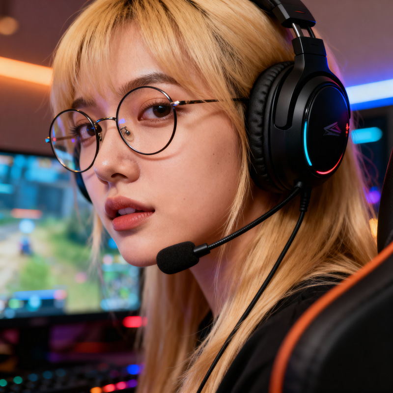 Blonde Female Gaming Headset with Glasses Blonde Female Gaming Headset with Glasses