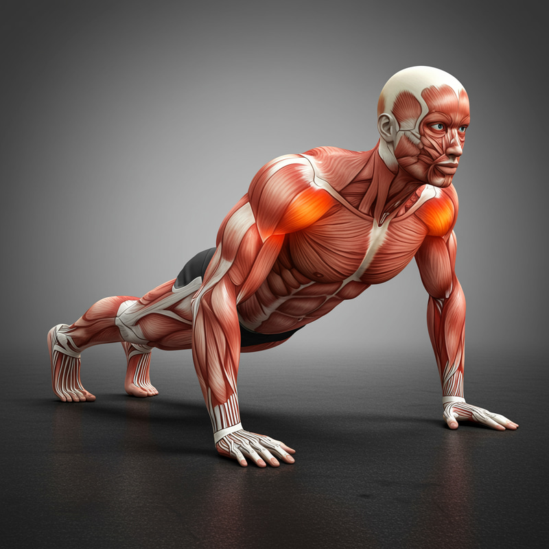 Muscular Push-Up Illustration with Muscle Highlights