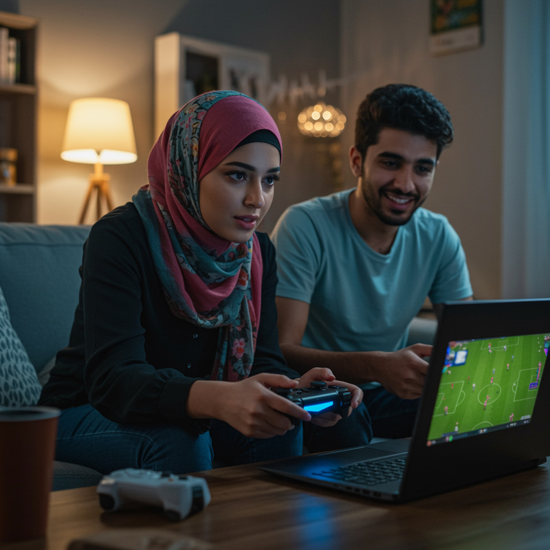 Female Gamer in Hijab Playing FIFA During Ramadan Female Gamer in Hijab Playing FIFA During Ramadan