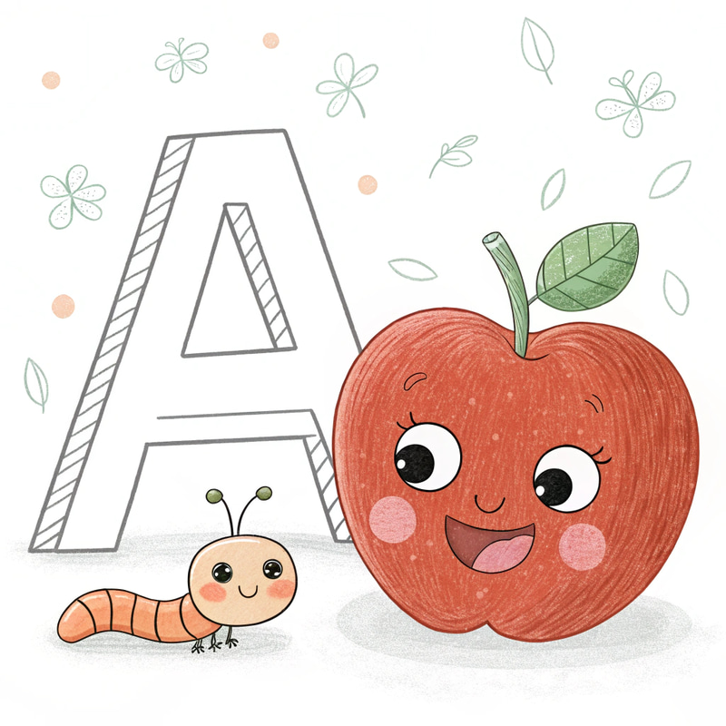 Coloring Page: Cute Apple with Letter A Coloring Page: Cute Apple with Letter A