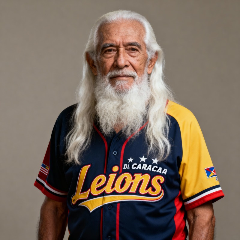 Hyperrealistic Photo of Elderly Man in Caracas Baseball Shirt Hyperrealistic Photo of Elderly Man in Caracas Baseball Shirt