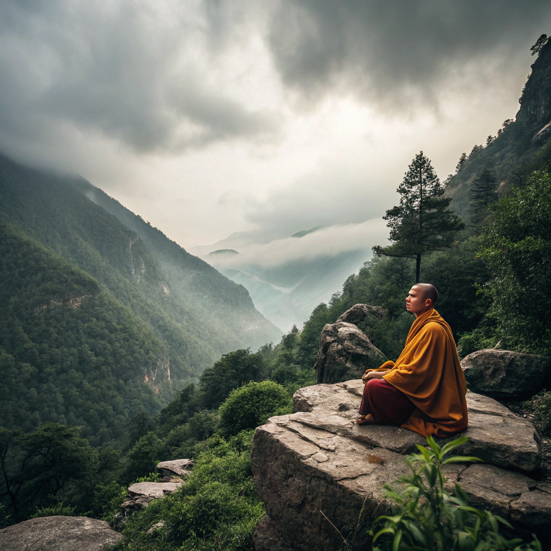 Monk Meditating in Majestic Mountains Monk Meditating in Majestic Mountains
