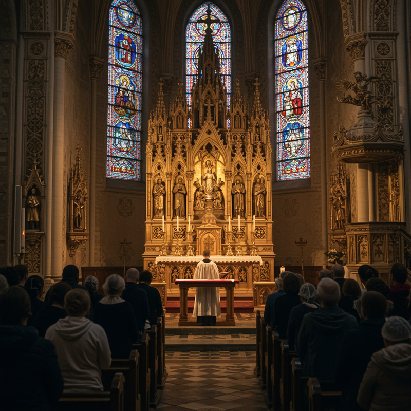 Church Interior with Worshippers Near the Altar