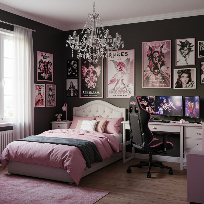 Chic Gamer Room in Black and Light Pink