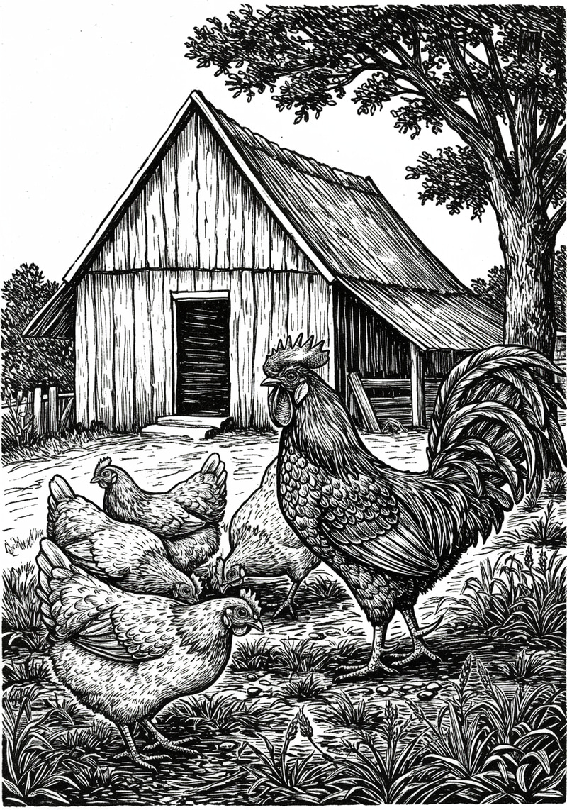 Rooster and Hens Near Farmhouse Illustration Rooster and Hens Near Farmhouse Illustration