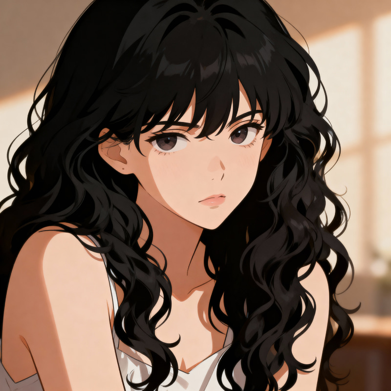 Anime Illustration: Girl with Long Curly Black Hair