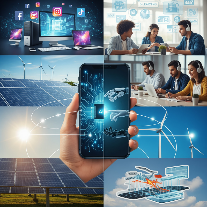 Tech Collage: AI, E-Learning & Renewable Energy Tech Collage: AI, E-Learning & Renewable Energy